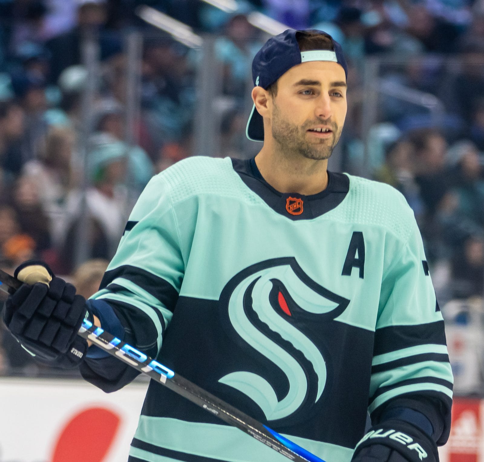 Jordan Eberle in the Kraken's ice blue sweater with the big navy S crest, its tentacle curling through the middle of the letter, January 22, 2023