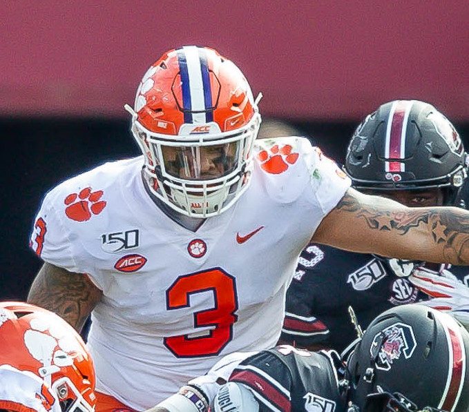 Clemson defensive end Xavier Thomas with the orange Tiger Paw on his helmet and shoulders, against South Carolina on Nov. 30, 2019