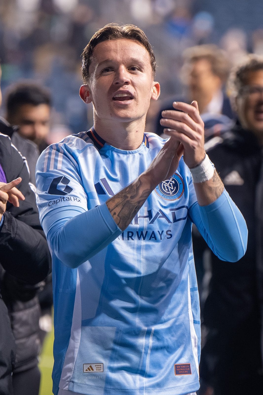 NYCFC defender Mitja Ilenič in the sky blue home kit with the round subway-token crest, after a game in Philadelphia on Nov. 23, 2025