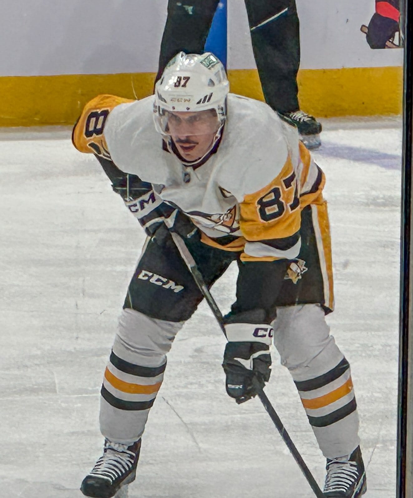 Penguins captain Sidney Crosby in the white road jersey with the skating penguin in front of a gold triangle, waiting for a faceoff in November 2024