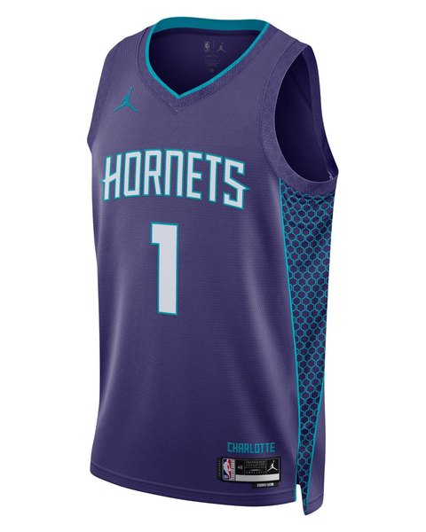 Charlotte Hornets purple Statement Edition jersey with No. 1, HORNETS wordmark and teal honeycomb side panel