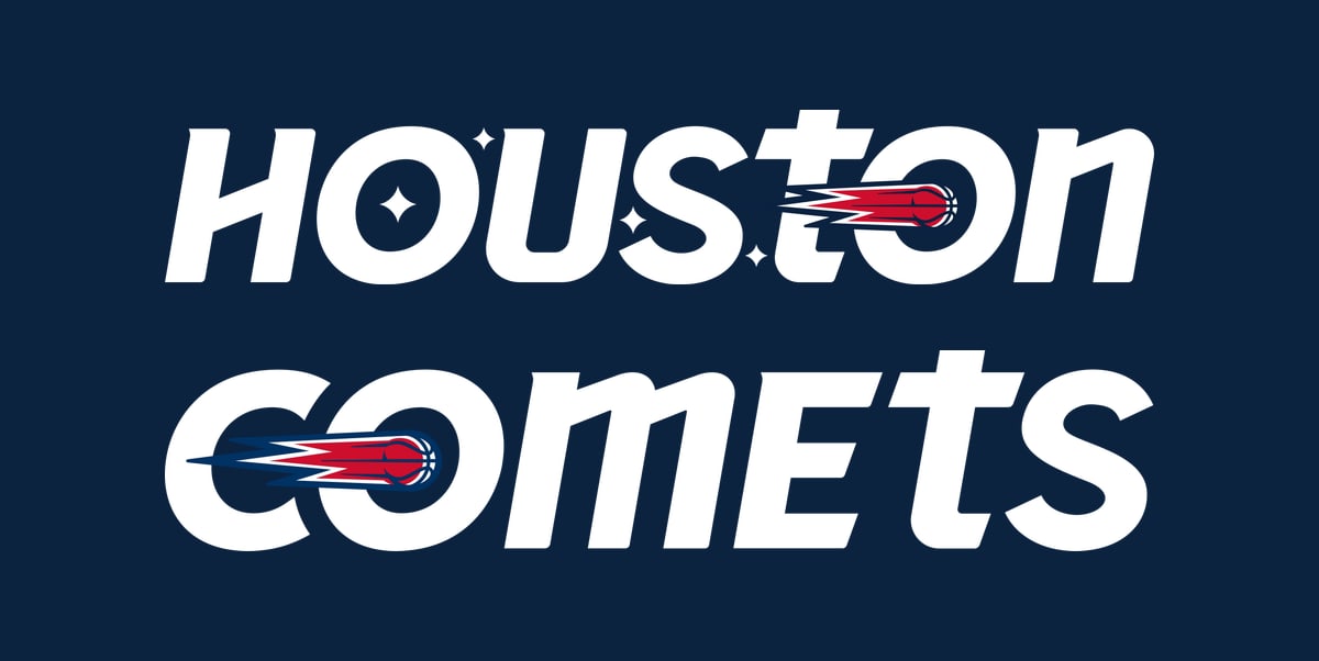 Houston Comets new wordmarks 2027: HOUSTON with a basketball comet as the second O and stars around the letters, and COMETS with a basketball comet as the O, in white on navy, both with a lowercase-style t