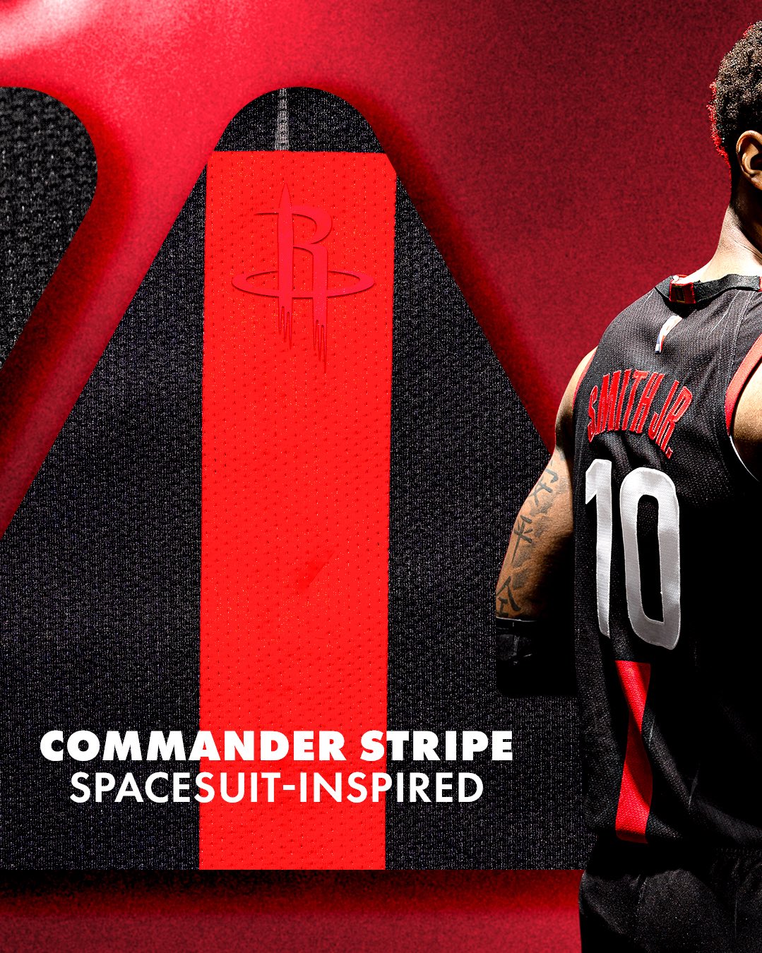 Houston Rockets 2026-27 Statement Edition black jersey back view showing the spacesuit-inspired Commander Stripe running from the collar down the spine in Rockets Red with the primary R icon at the top of the stripe