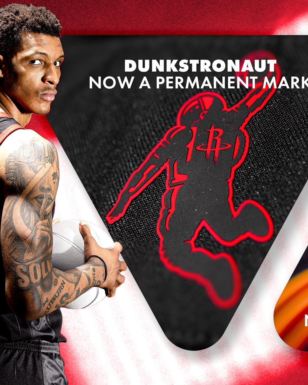 Houston Rockets 2026-27 Statement Edition black jersey Dunkstronaut detail showing the dunking astronaut now a permanent mark embroidered onto the inside of the black jersey