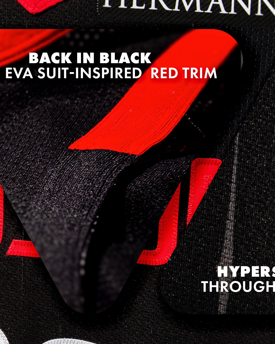 Houston Rockets 2026-27 Statement Edition black jersey EVA suit-inspired red trim detail showing the spacewalk astronaut suit reference layered into the red trim work around the Memorial Hermann patch