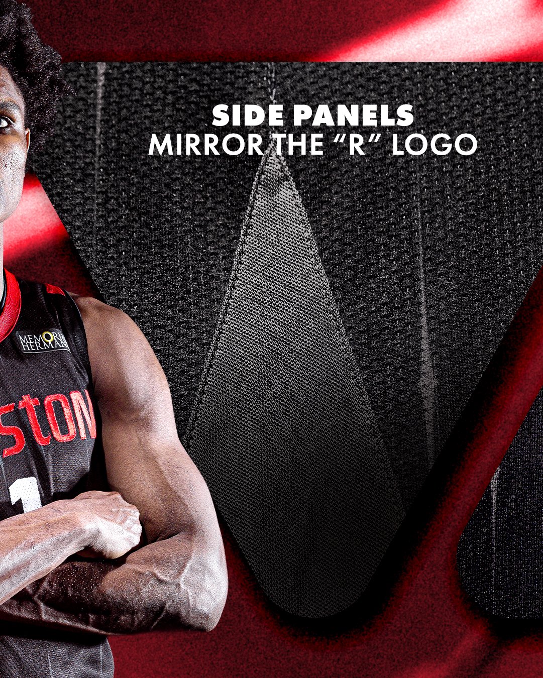 Houston Rockets 2026-27 Statement Edition black jersey side panel detail showing the diamond-shaped side panels that mirror the Houston Rockets primary R logo silhouette