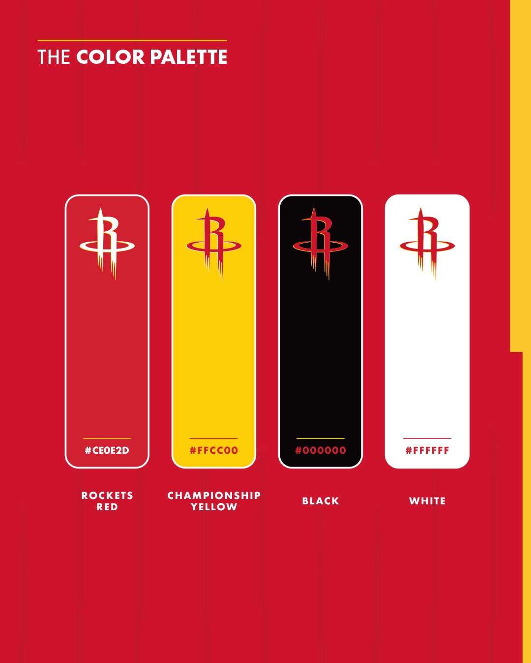Houston Rockets 2026-27 color palette with Rockets Red CE0E2D, Championship Yellow FFCC00, Black 000000, and White FFFFFF shown with the primary R icon in each color