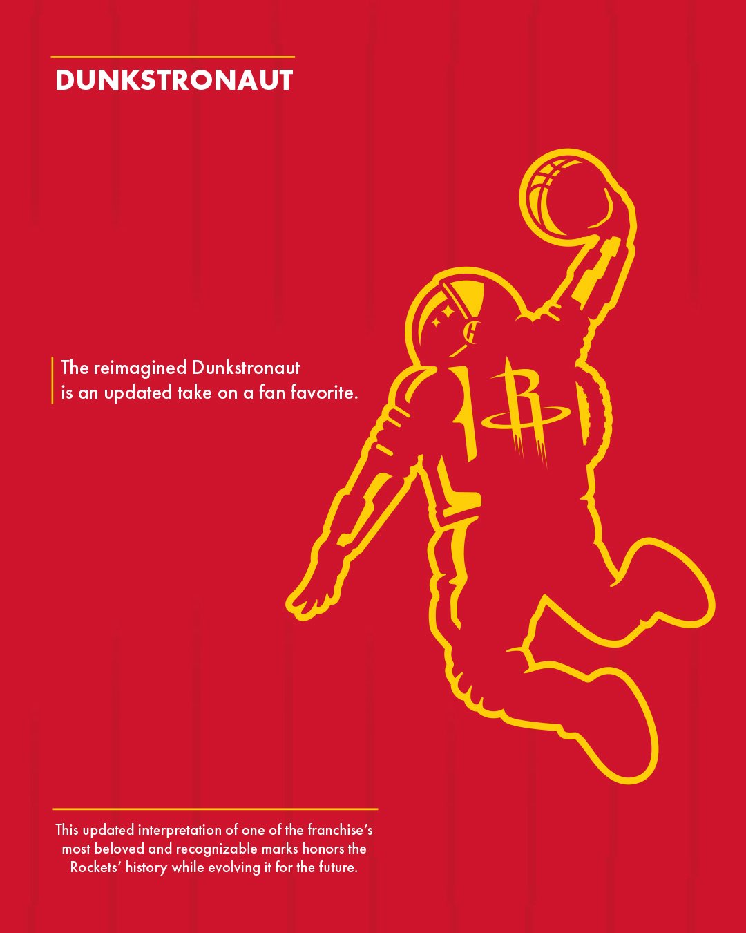 Houston Rockets 2026-27 reimagined Dunkstronaut secondary mark, an astronaut figure dunking a basketball rendered in yellow line work on Rockets red background, now a permanent part of the franchise identity