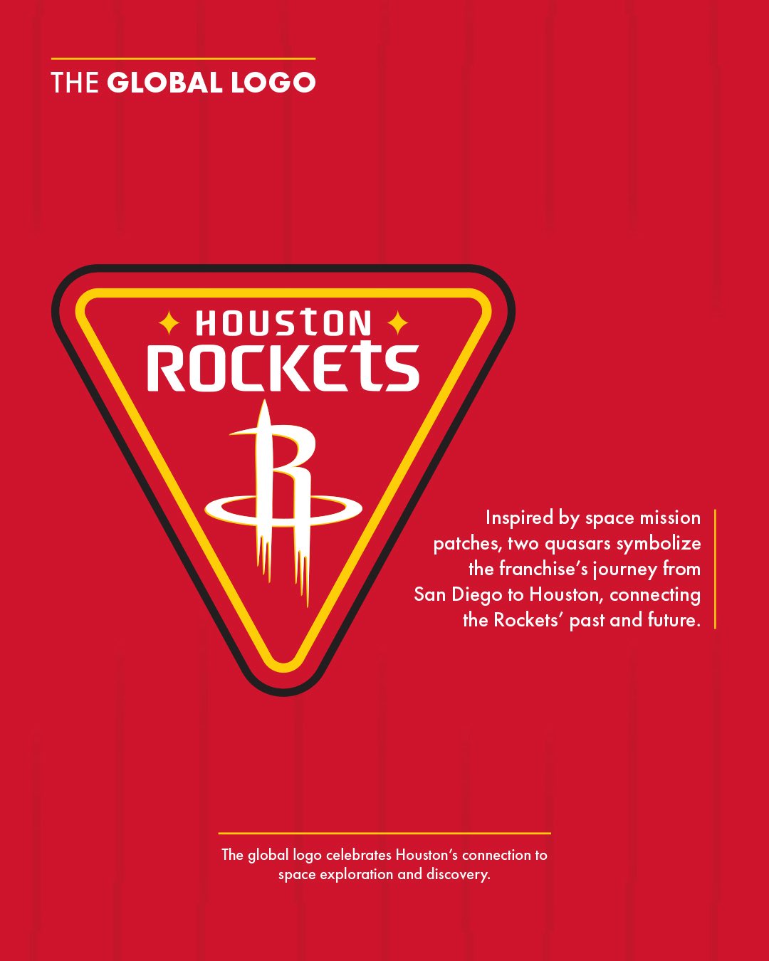 Houston Rockets 2026-27 new global logo badge in inverted-triangle space mission patch shape with HOUSTON ROCKETS wordmark and primary R icon inside, two quasars symbolizing the franchise journey from San Diego to Houston