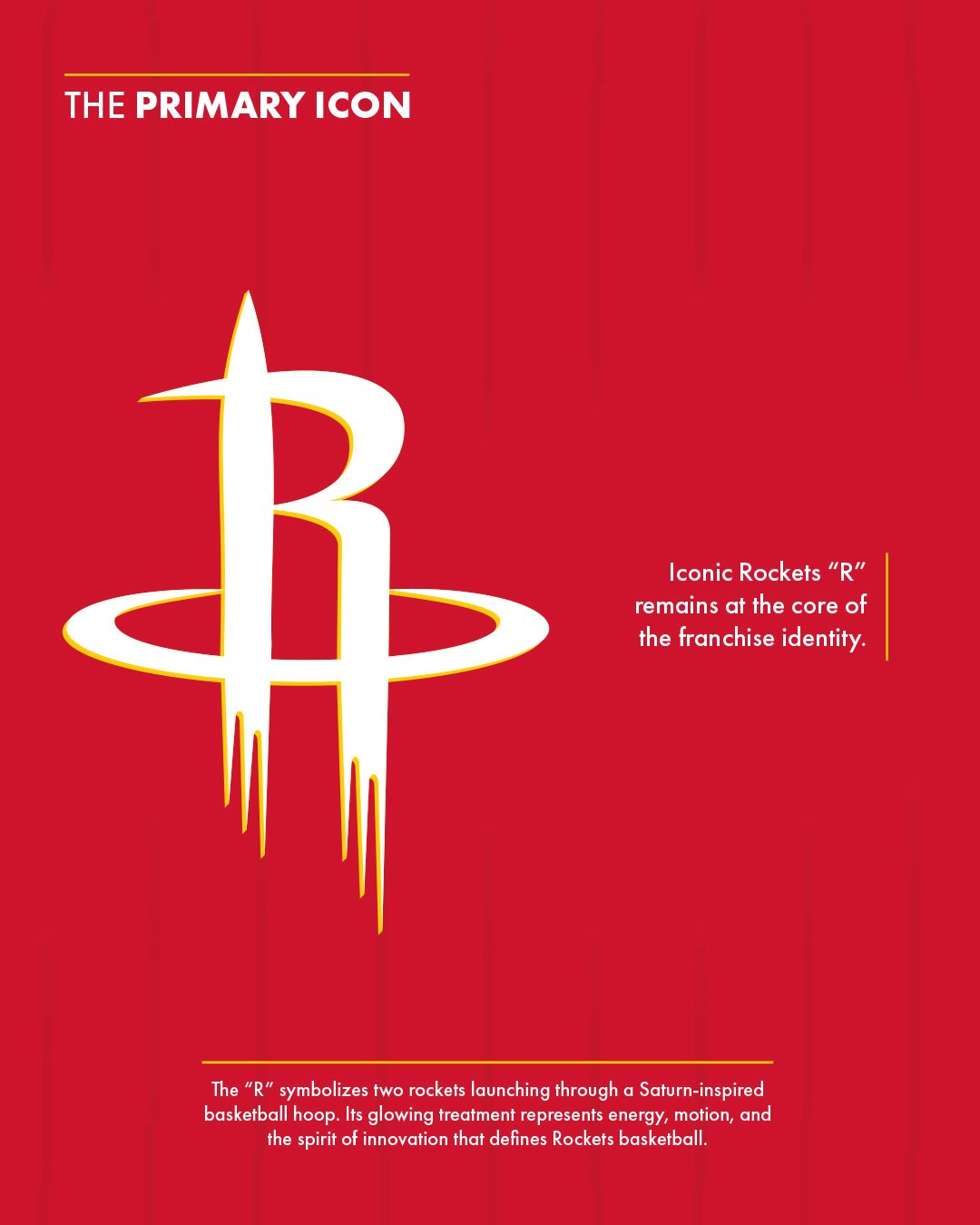 Houston Rockets 2026-27 updated primary R icon with the iconic R shape rendered as two rockets launching through a Saturn-inspired hoop in white with Championship Yellow drop trim on red background