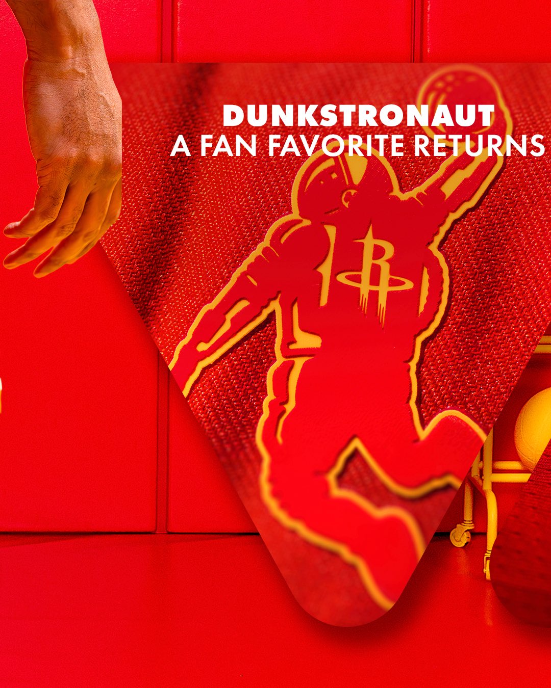 Houston Rockets 2026-27 Icon Edition red jersey Dunkstronaut detail showing the dunking astronaut secondary mark as a fan favorite returning to the Rockets identity package