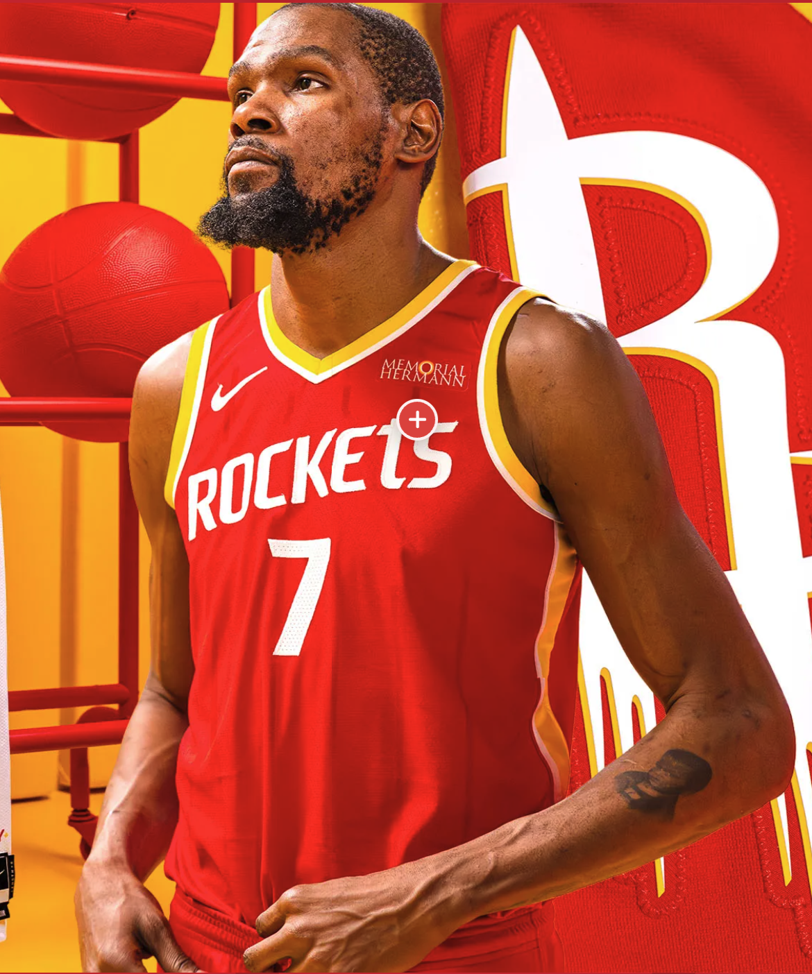 Kevin Durant wearing the new 2026-27 Houston Rockets Icon Edition red jersey number 7 with white ROCKETS wordmark, Championship Yellow trim, and Memorial Hermann sponsor patch on the upper-right chest