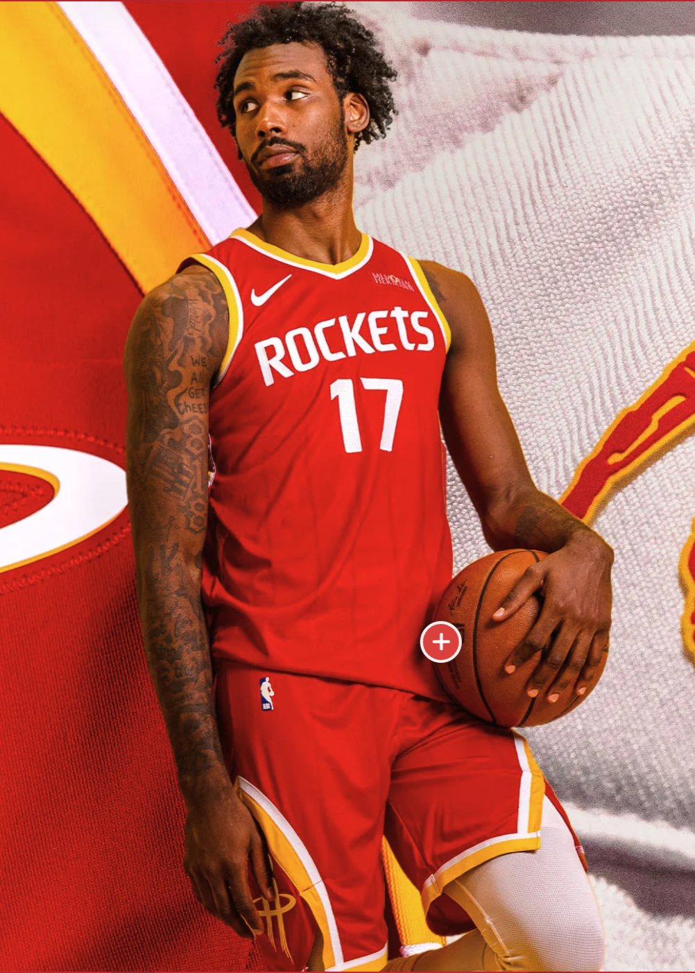Houston Rockets 2026-27 Icon Edition red jersey full body player shot showing the white ROCKETS wordmark with Championship Yellow trim, number 17, matching red shorts with Houston Rockets R icon on the leg, and Roll Stripes