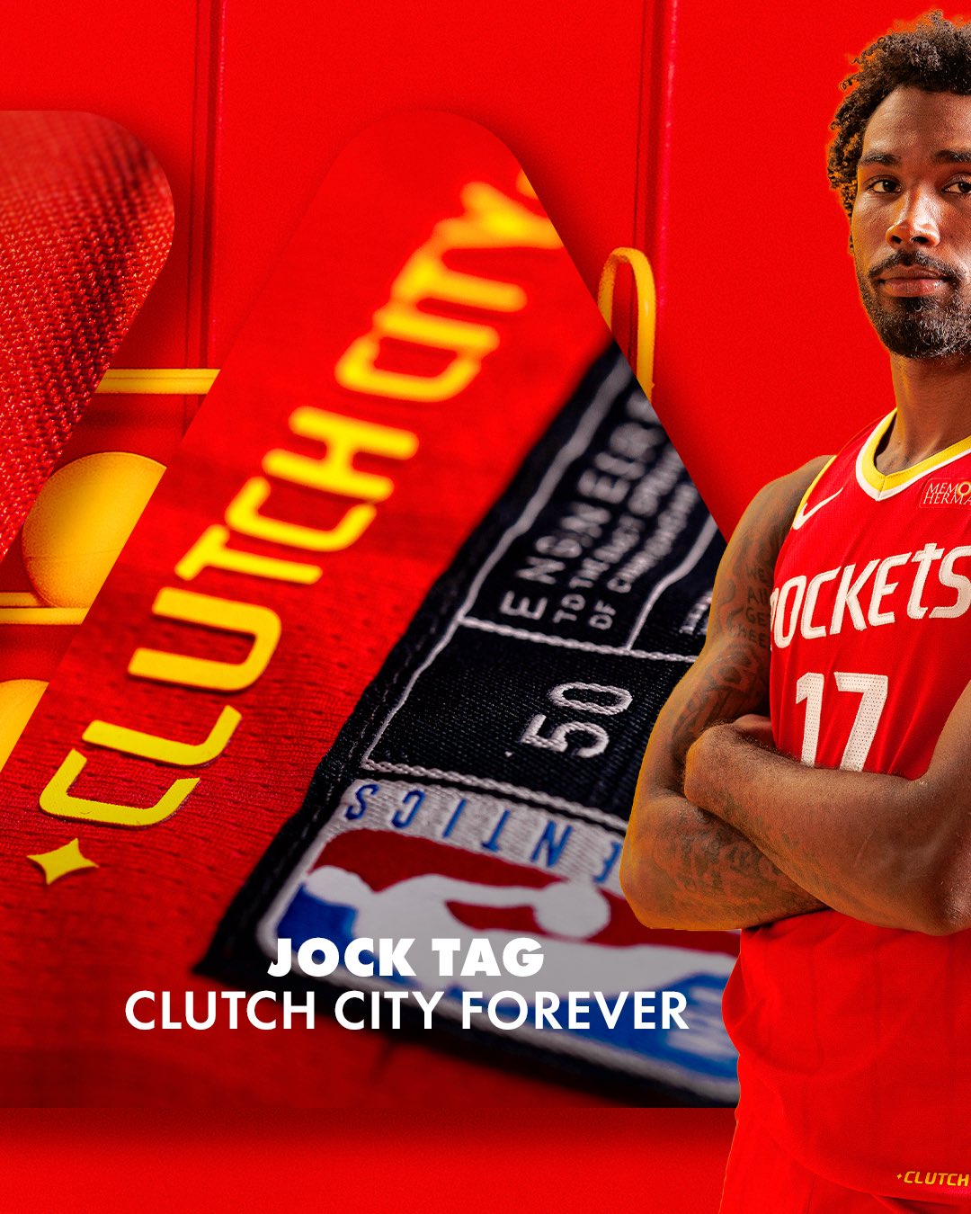 Houston Rockets 2026-27 Icon Edition red jersey Clutch City Forever jock tag detail with player wearing red ROCKETS number 17 jersey showing the championship era tribute