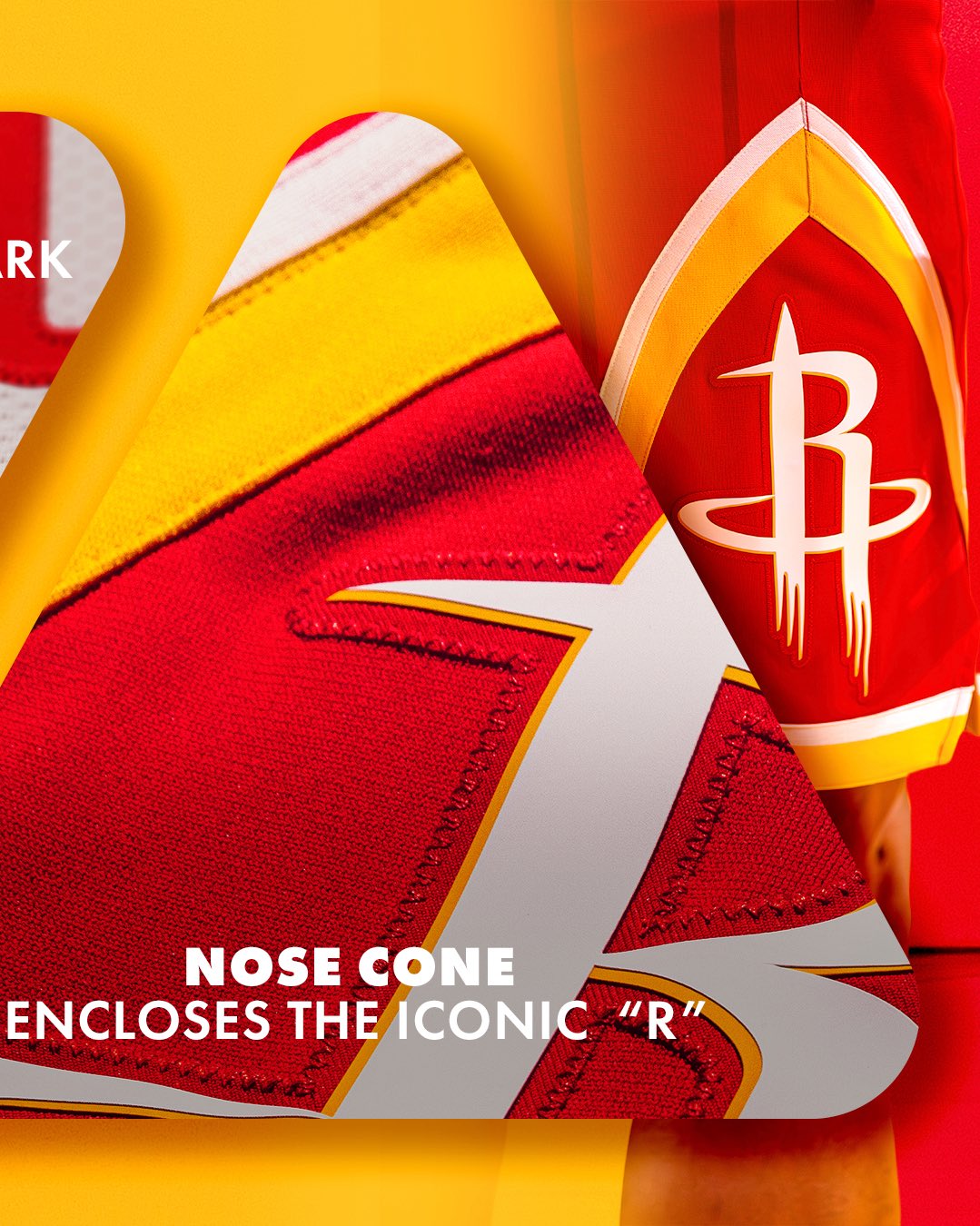 Houston Rockets 2026-27 Icon Edition red jersey Nose Cone detail showing the inverted-triangle space mission patch global logo treatment on the jersey with the primary R icon visible inside