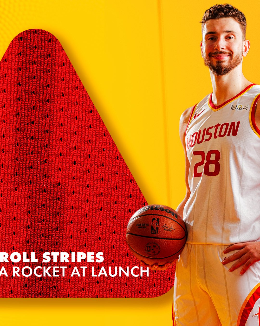 Houston Rockets 2026-27 Association Edition white jersey Roll Stripes detail showing the yellow-and-red layered side stripe meant to mimic a rocket at launch, with player Reed Sheppard holding a basketball in the white jersey