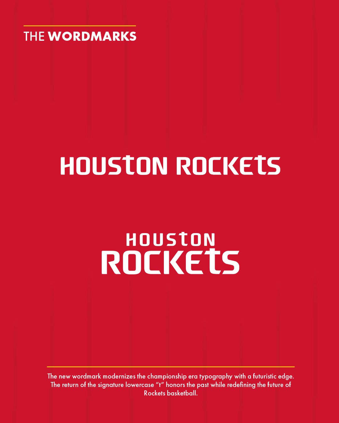 Houston Rockets 2026-27 new wordmarks in horizontal HOUSTON ROCKETS and stacked Houston Rockets lockups, with the return of the signature lowercase t honoring the championship era typography