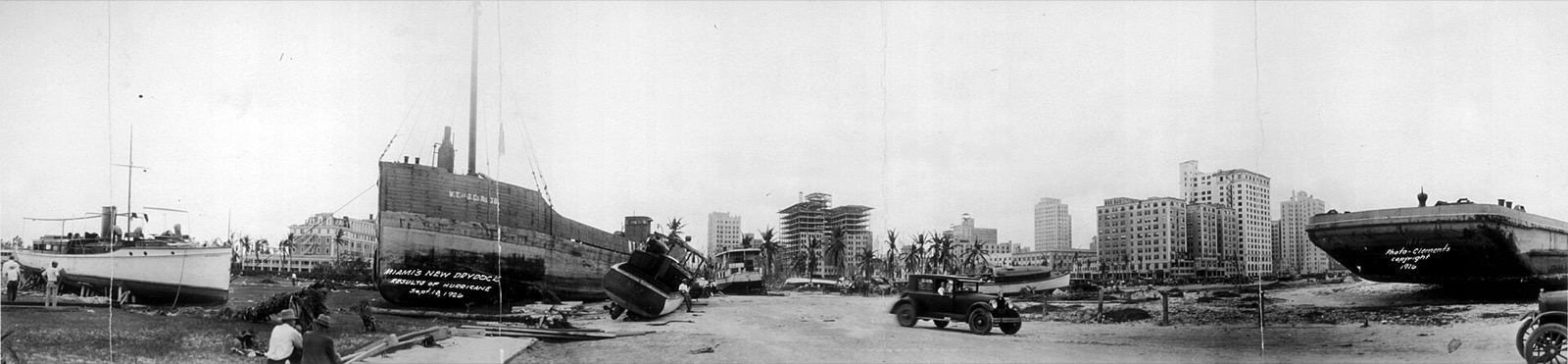 Panorama of ships driven aground near downtown Miami after the 1926 hurricane