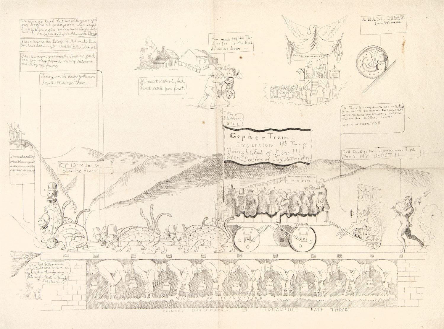 R.O. Sweeny's 1850s cartoon of striped gophers with politicians' heads pulling a railroad car