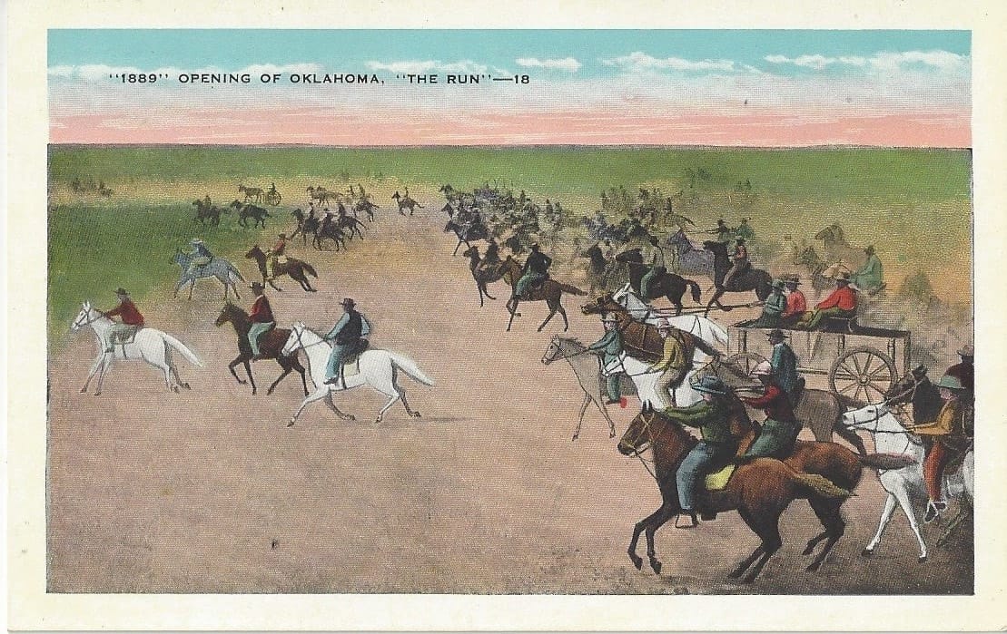 Illustration of the 1889 Oklahoma land rush with riders on horseback and wagons racing across the prairie