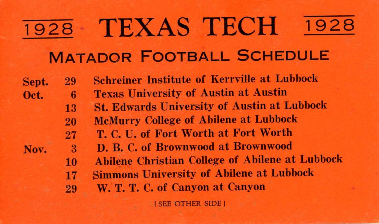 Orange 1928 Texas Tech Matador football schedule card