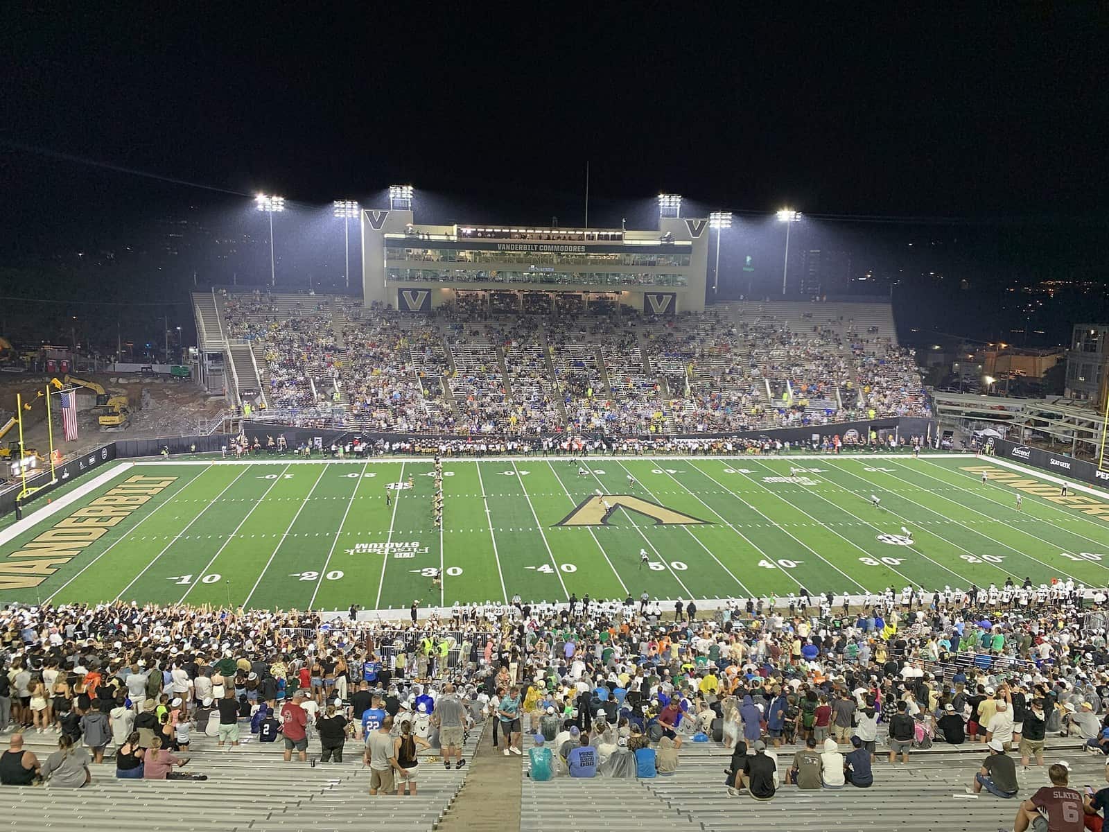 A wide view of FirstBank Stadium at night during Vanderbilt vs. Hawaii in 2023