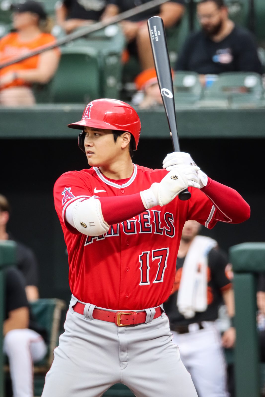 Shohei Ohtani in the Angels' red alternate jersey with navy Angels lettering