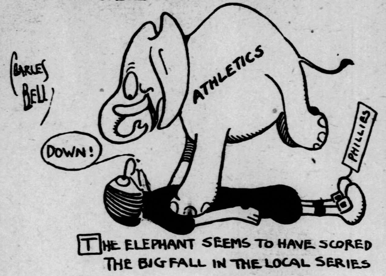 1911 newspaper cartoon of an elephant labeled Athletics sitting on the Phillies