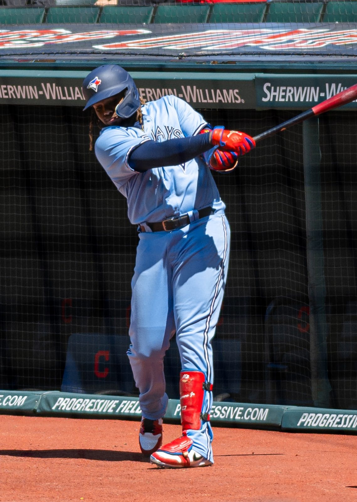 Vladimir Guerrero Jr. takes a practice swing in the Blue Jays' powder blue alternate uniform