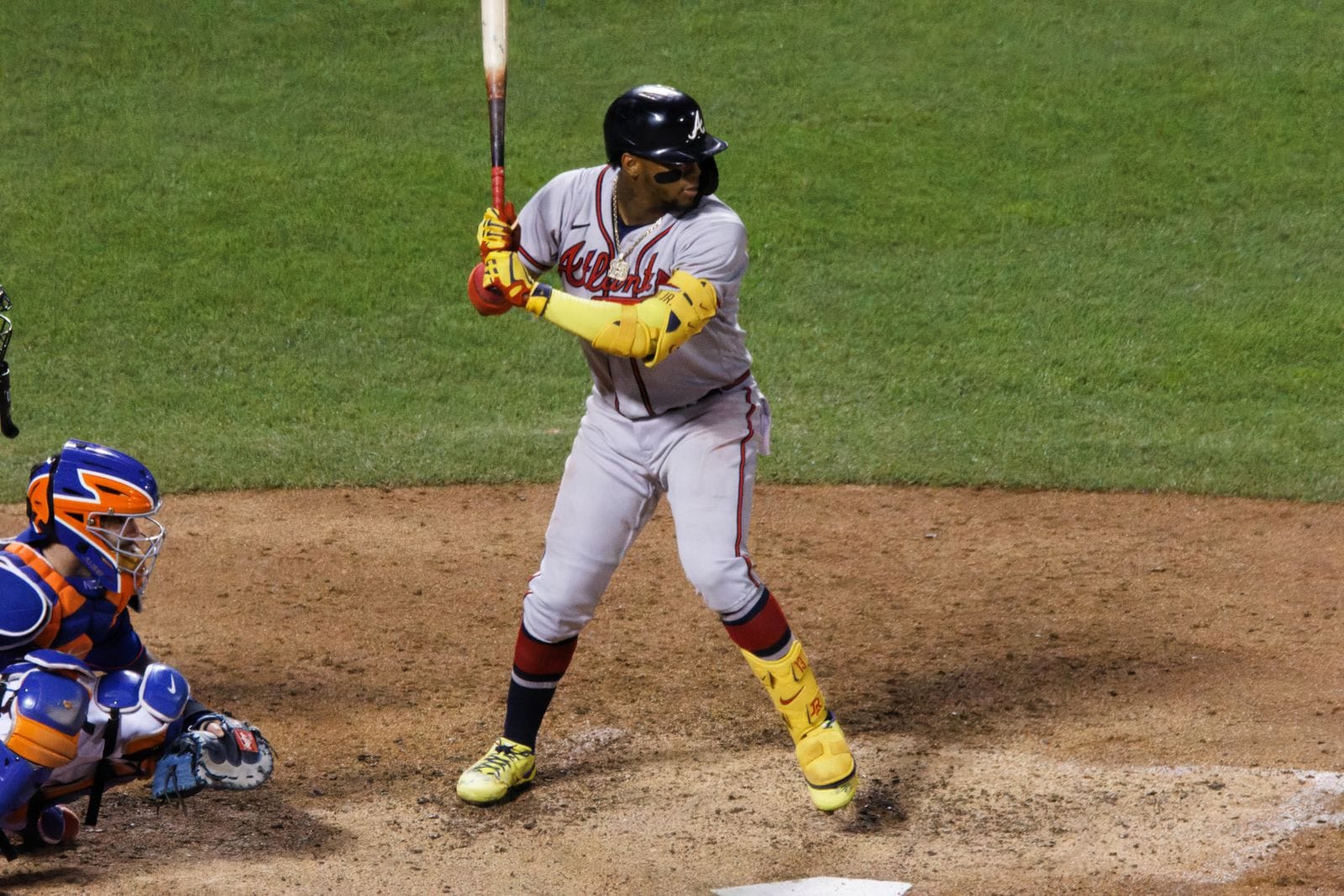 Ronald Acuna Jr. at bat in the Braves' road gray uniform against the Mets