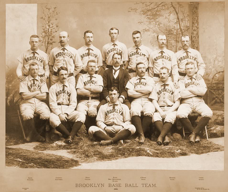 The 1889 Brooklyn team, then nicknamed the Bridegrooms, in BROOKLYN jerseys