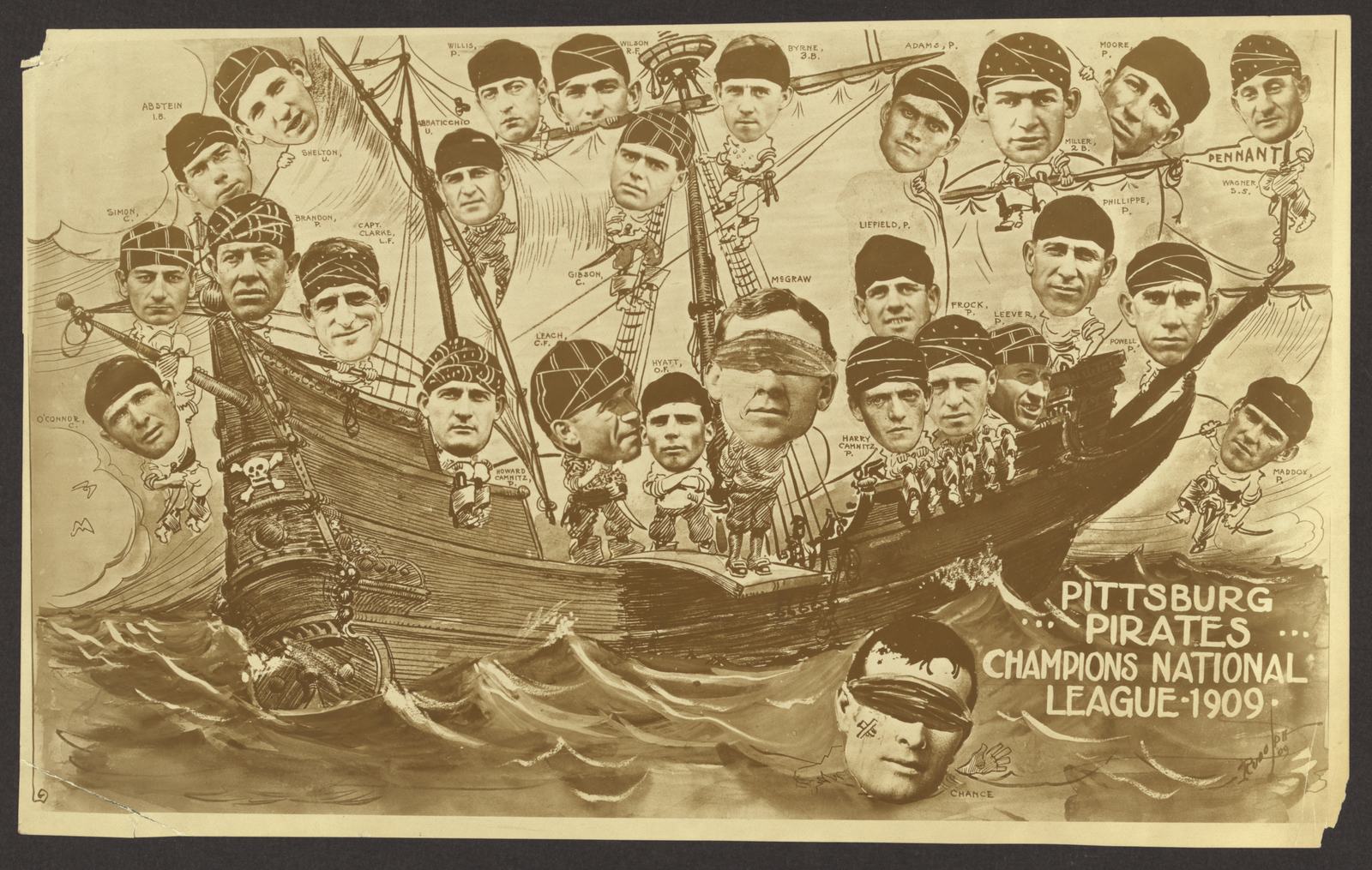 A 1909 postcard of the champion Pittsburg Pirates drawn as pirates on a ship