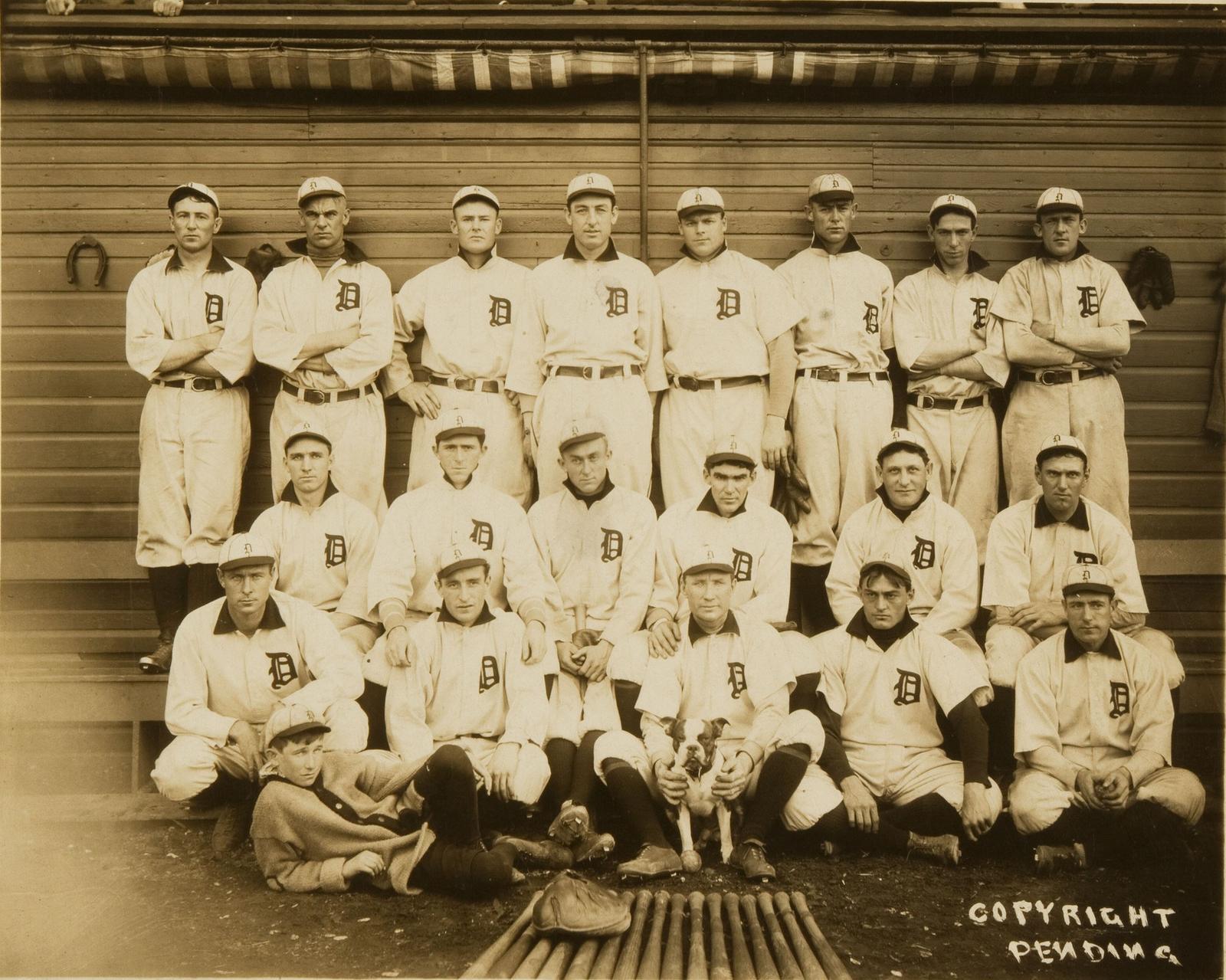 The 1907 American League champion Detroit Tigers, including Ty Cobb, in white uniforms with the old D on the chest