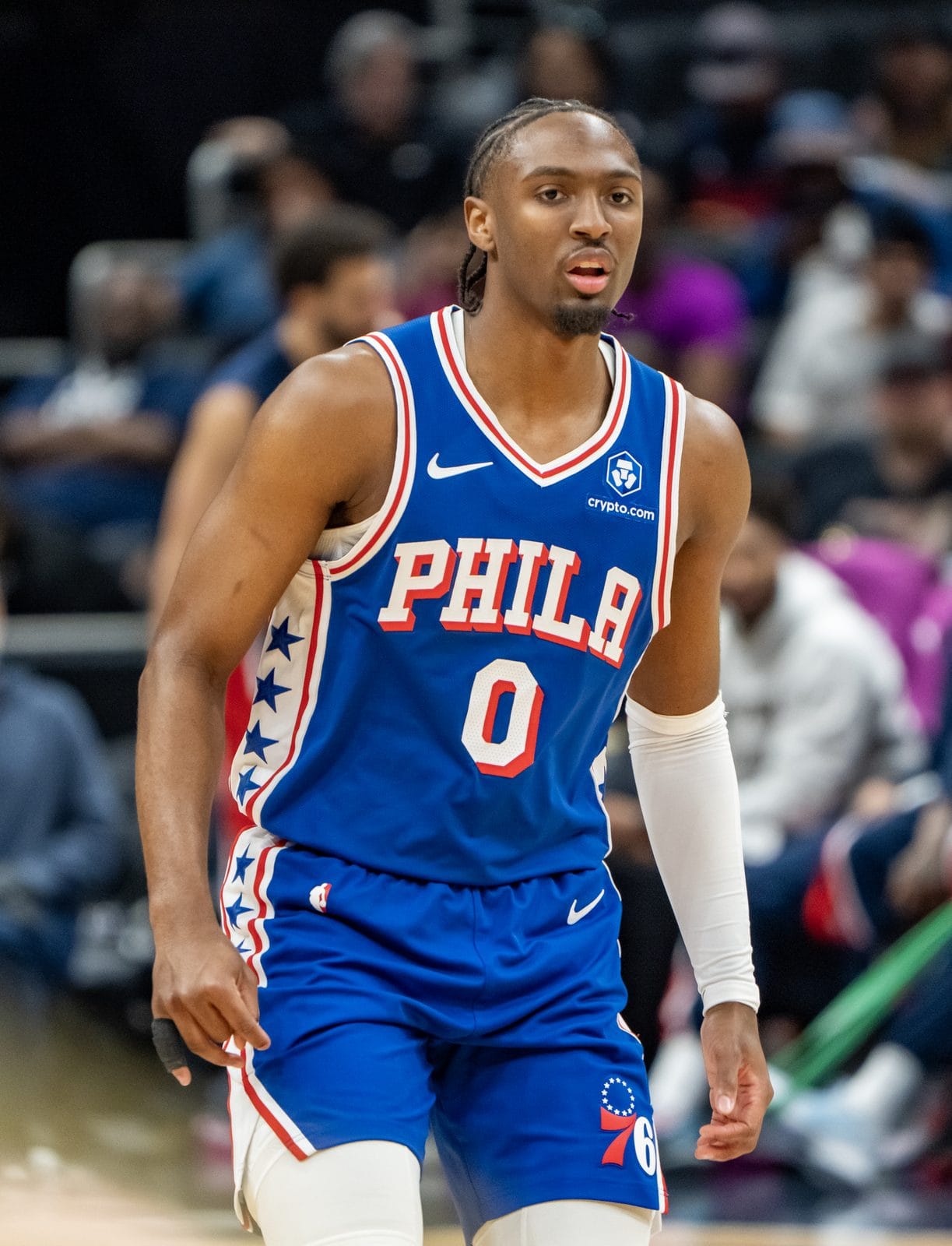 Tyrese Maxey in the 76ers' royal blue uniform, PHILA over No. 0 with stars down the side, at Capital One Arena, April 2026