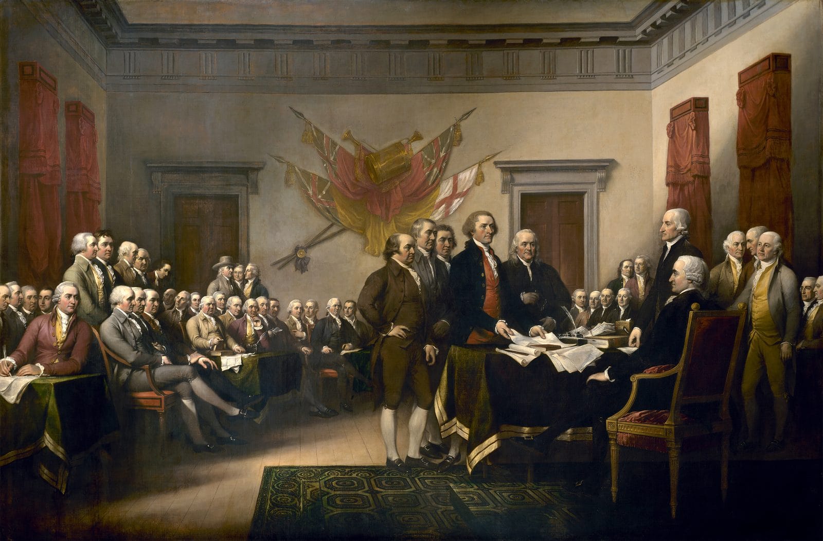 John Trumbull's painting Declaration of Independence, showing the drafting committee presenting the document to Congress in Philadelphia in 1776