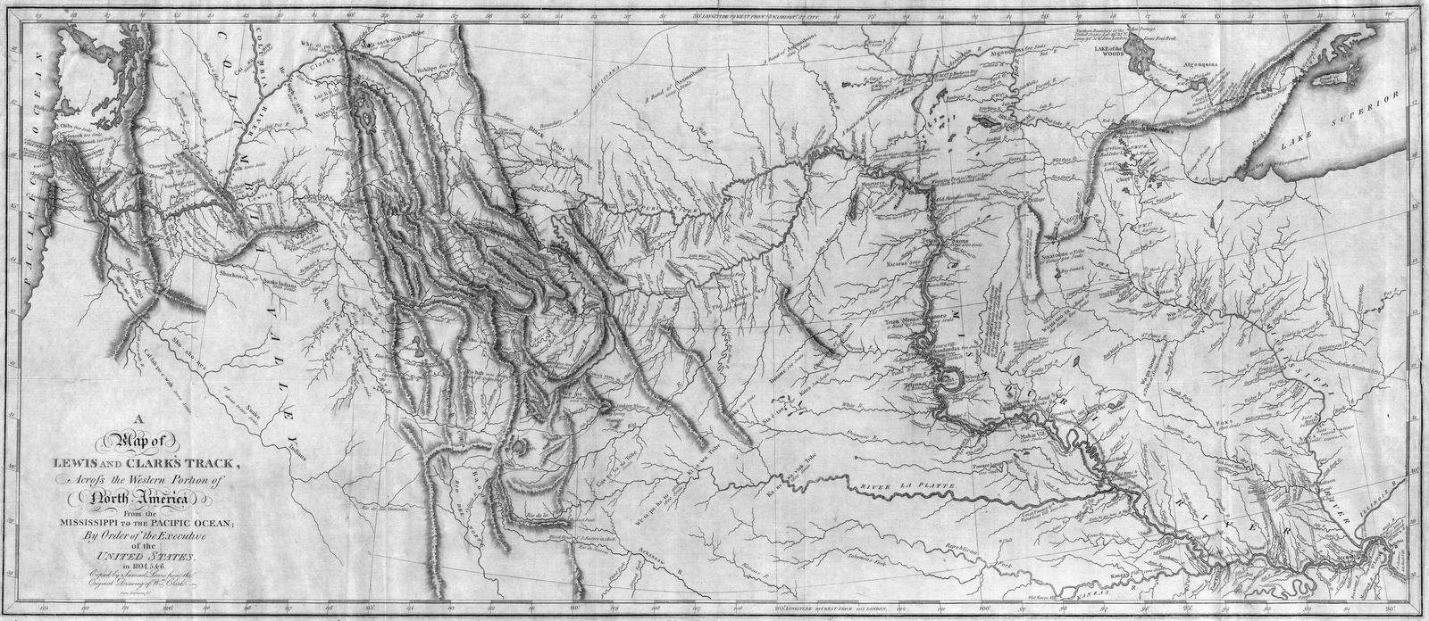 The 1814 published map of Lewis and Clark's track across the western portion of North America, from the Mississippi to the Pacific