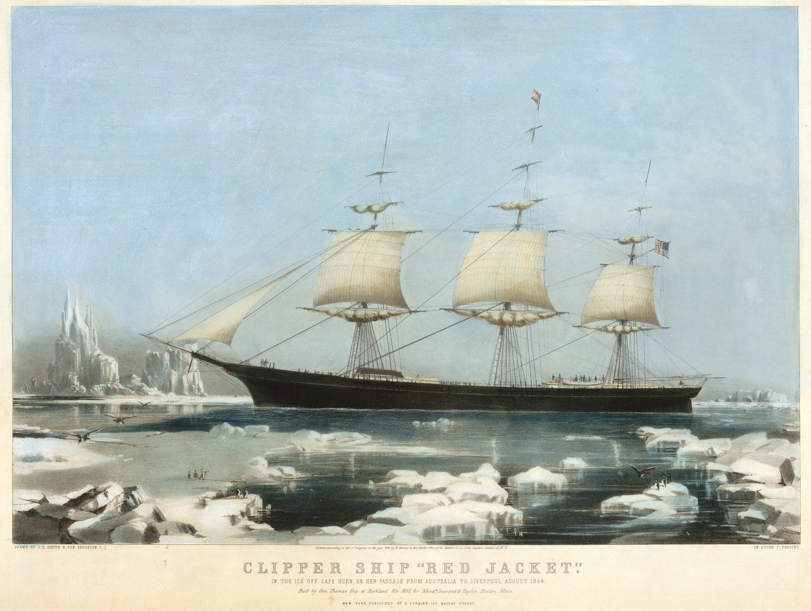 Nathaniel Currier's lithograph of the clipper ship Red Jacket under sail among icebergs off Cape Horn, August 1854
