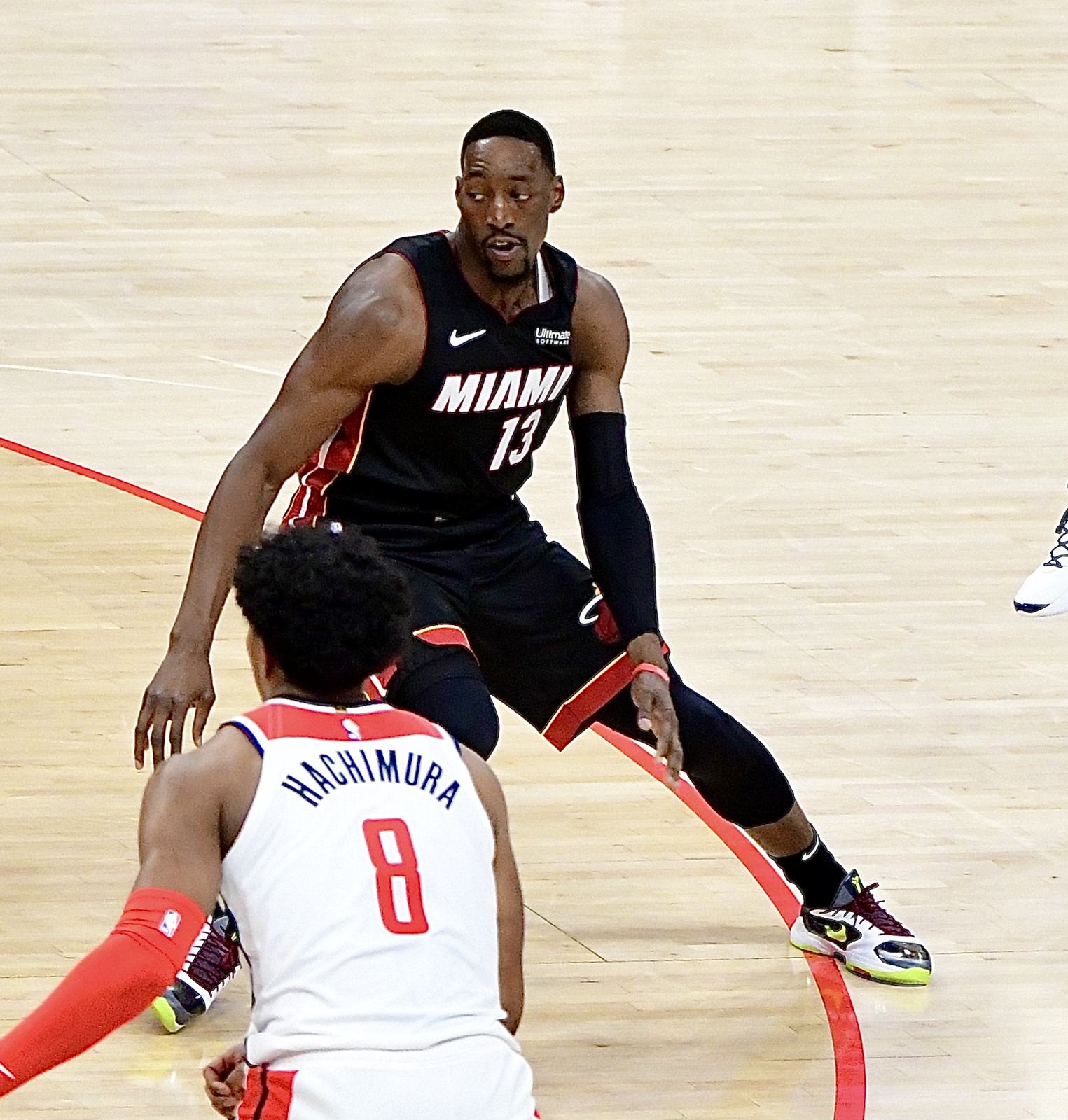 Bam Adebayo defends in the Heat's black uniform, MIAMI over No. 13, against Rui Hachimura of the Wizards, March 8, 2020