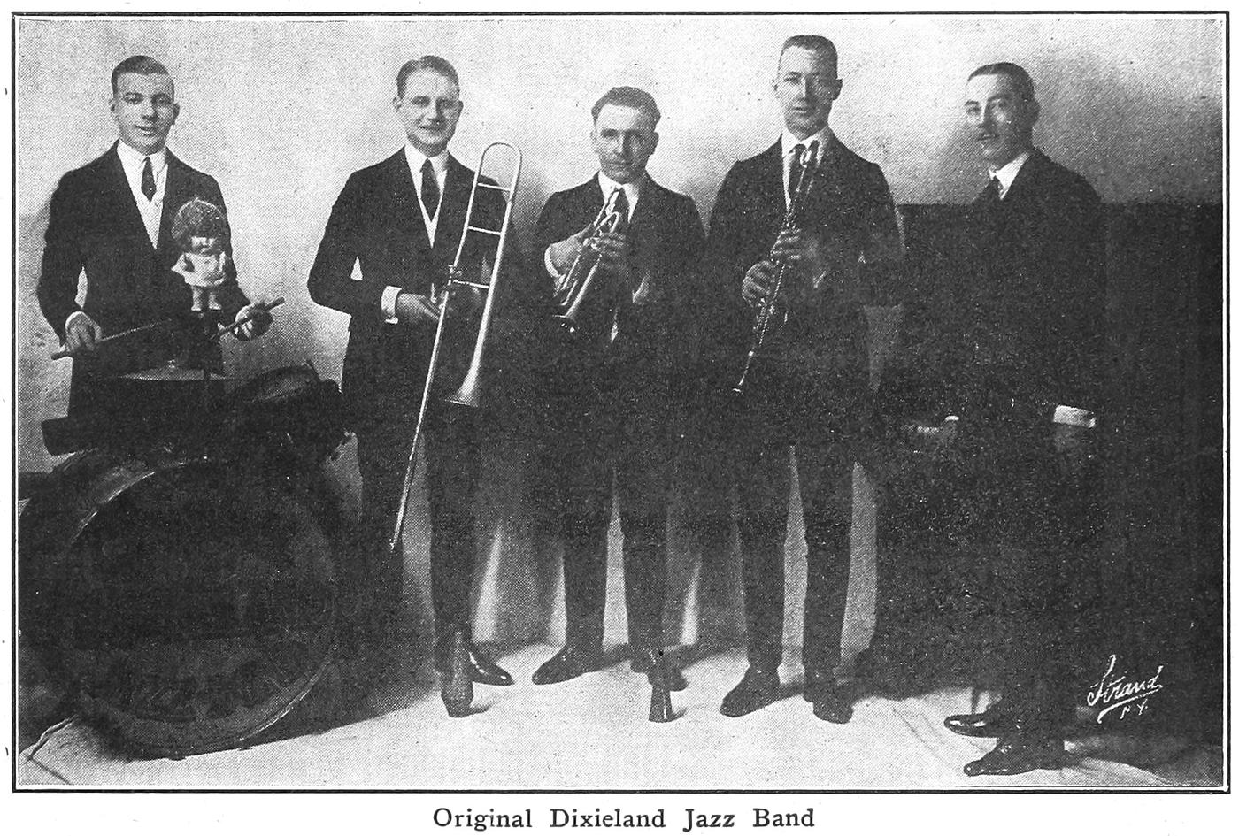 The Original Dixieland Jazz Band, the New Orleans group behind the first jazz recording, posed with drums, trombone, cornet and clarinet in 1921