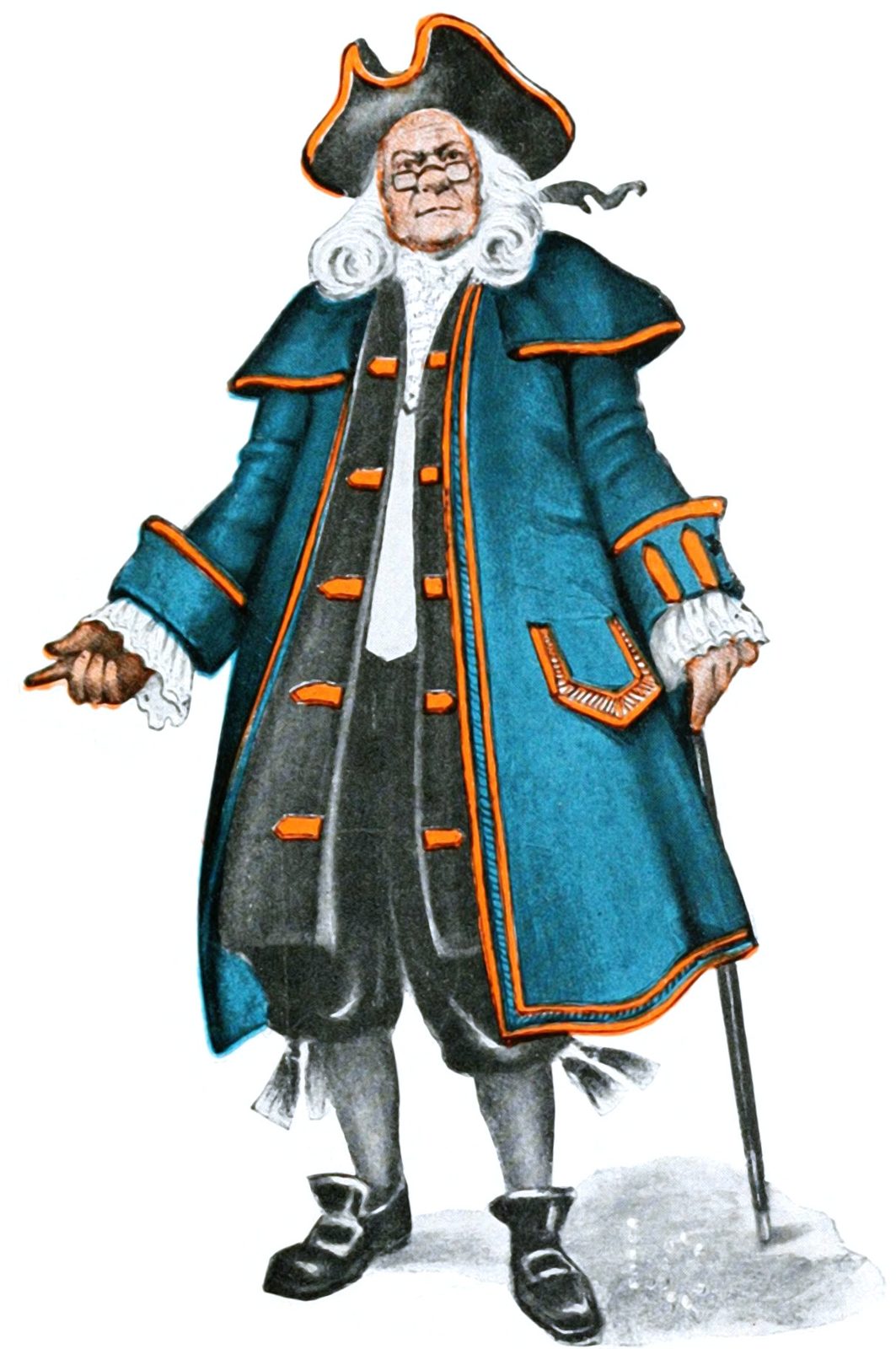 A 1906 illustration of Father Knickerbocker, the Dutch New York settler figure from Washington Irving's writing, in a tricorn hat, white wig and long blue coat with orange trim