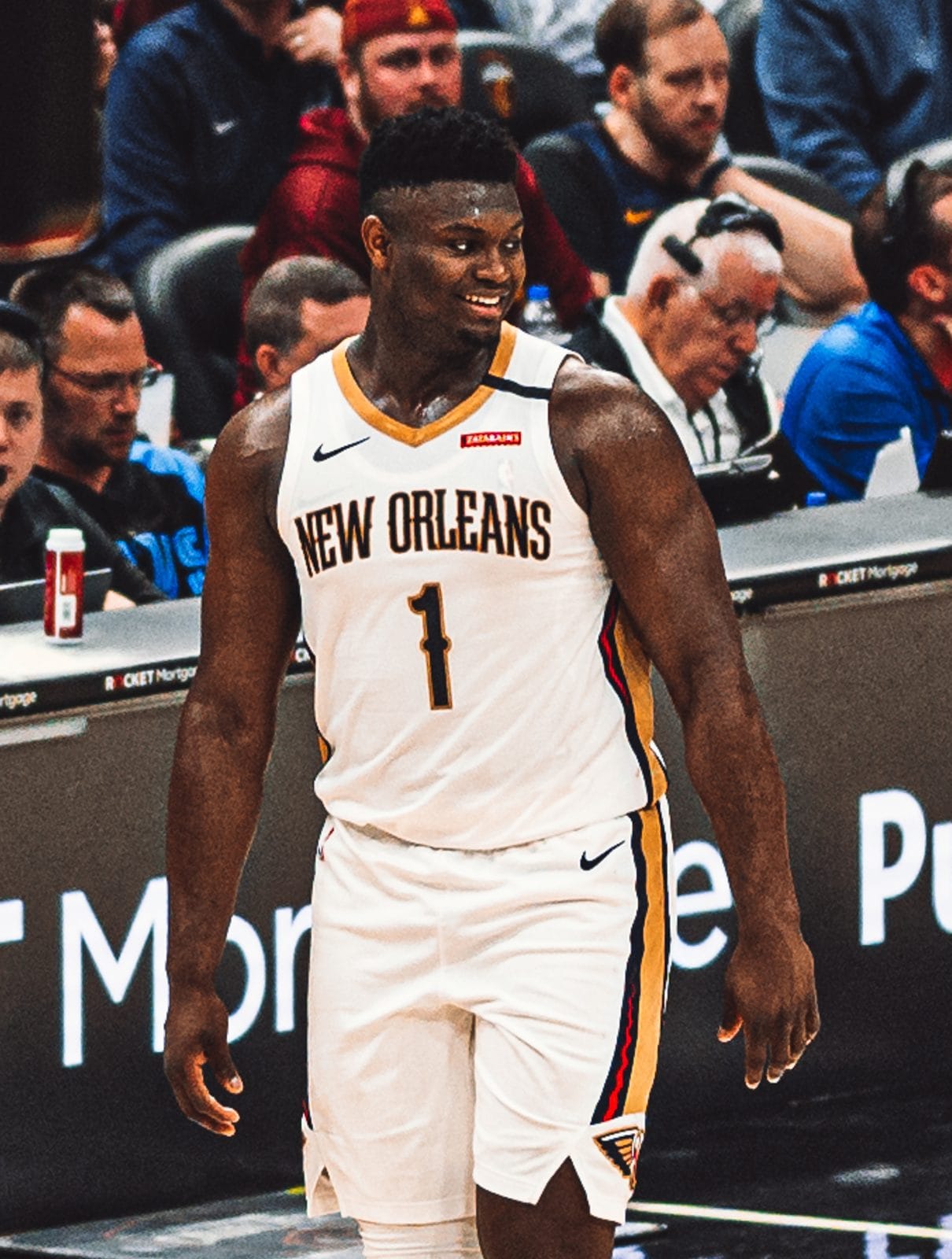 Zion Williamson in the Pelicans' white uniform, NEW ORLEANS over No. 1, at Rocket Mortgage FieldHouse, January 28, 2020