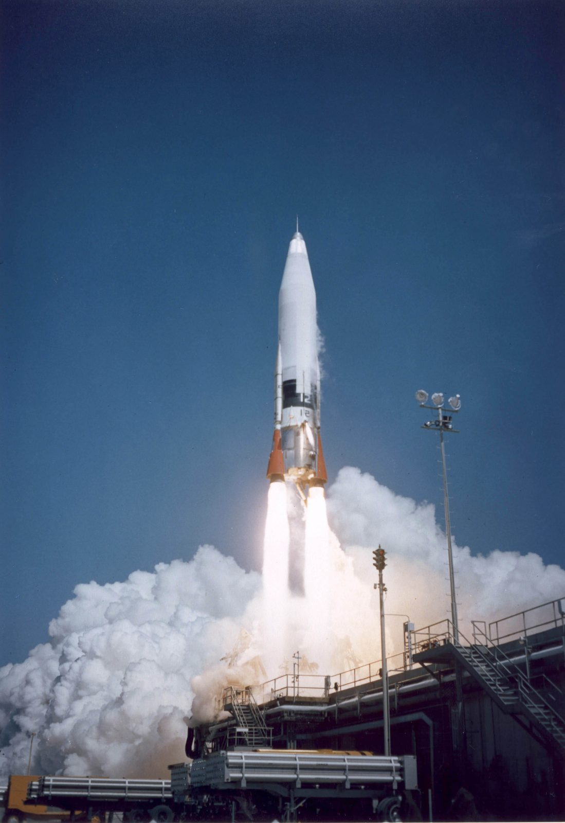 A U.S. Air Force Atlas missile lifts off from Cape Canaveral on February 20, 1958; the Atlas was built by Convair in San Diego