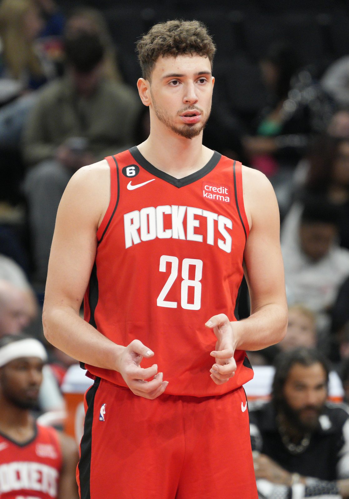Alperen Sengun in the Rockets' red uniform, ROCKETS over No. 28, at Capital One Arena, April 2023