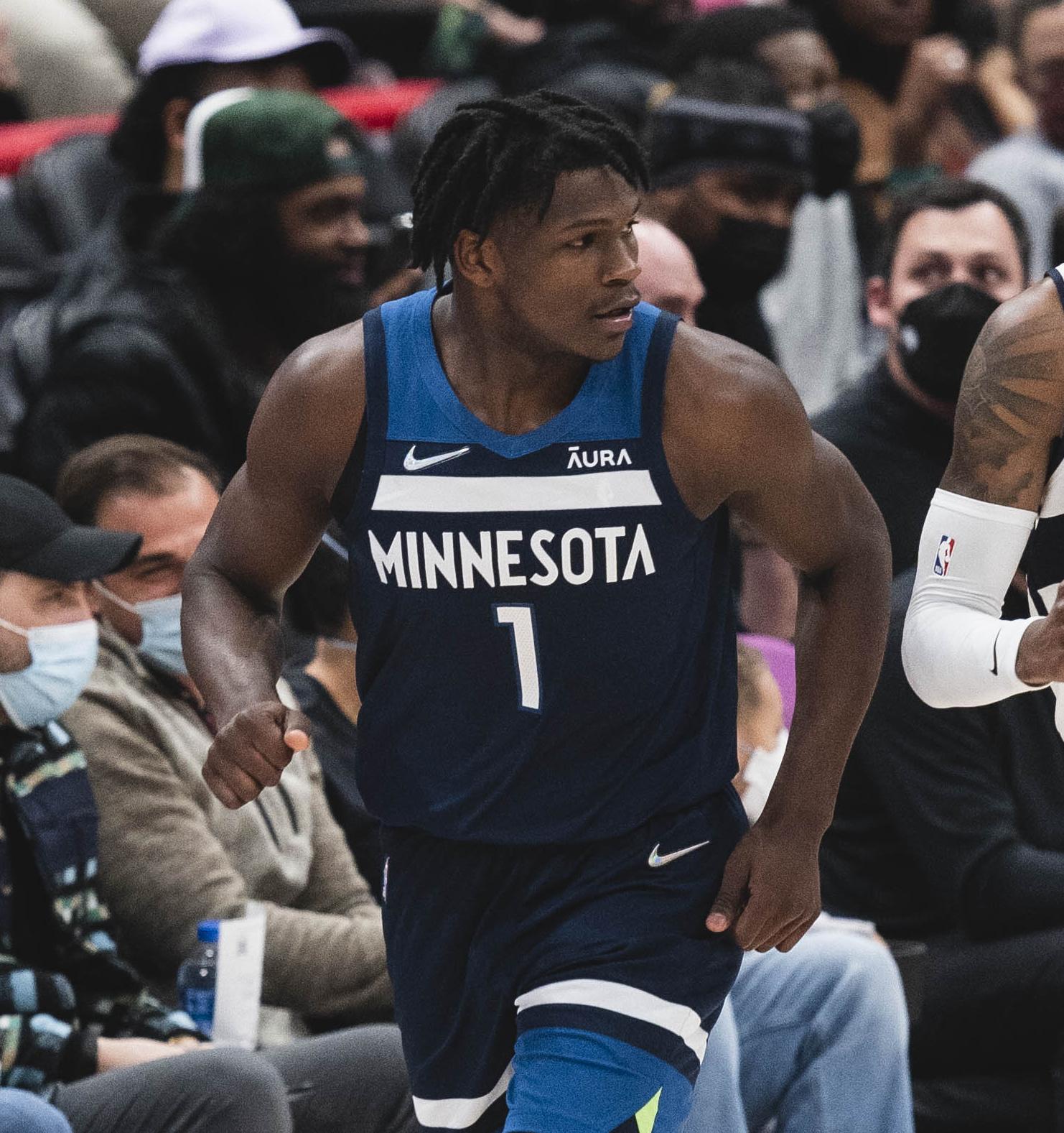 Anthony Edwards in the Timberwolves' navy uniform, MINNESOTA over No. 1, at Capital One Arena, December 1, 2021
