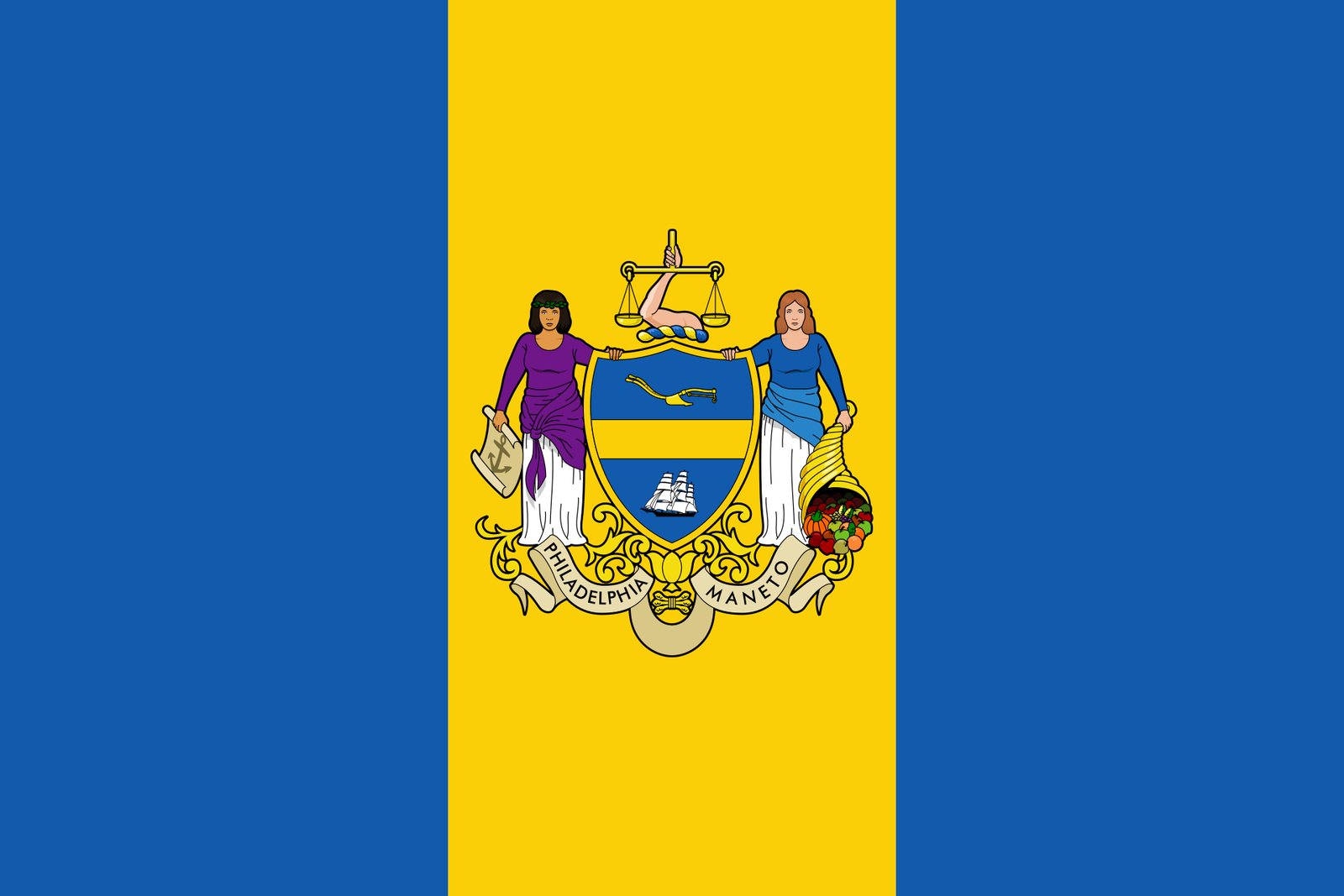 The flag of Philadelphia, adopted in 1895: azure blue side panels around a yellow center stripe carrying the city coat of arms