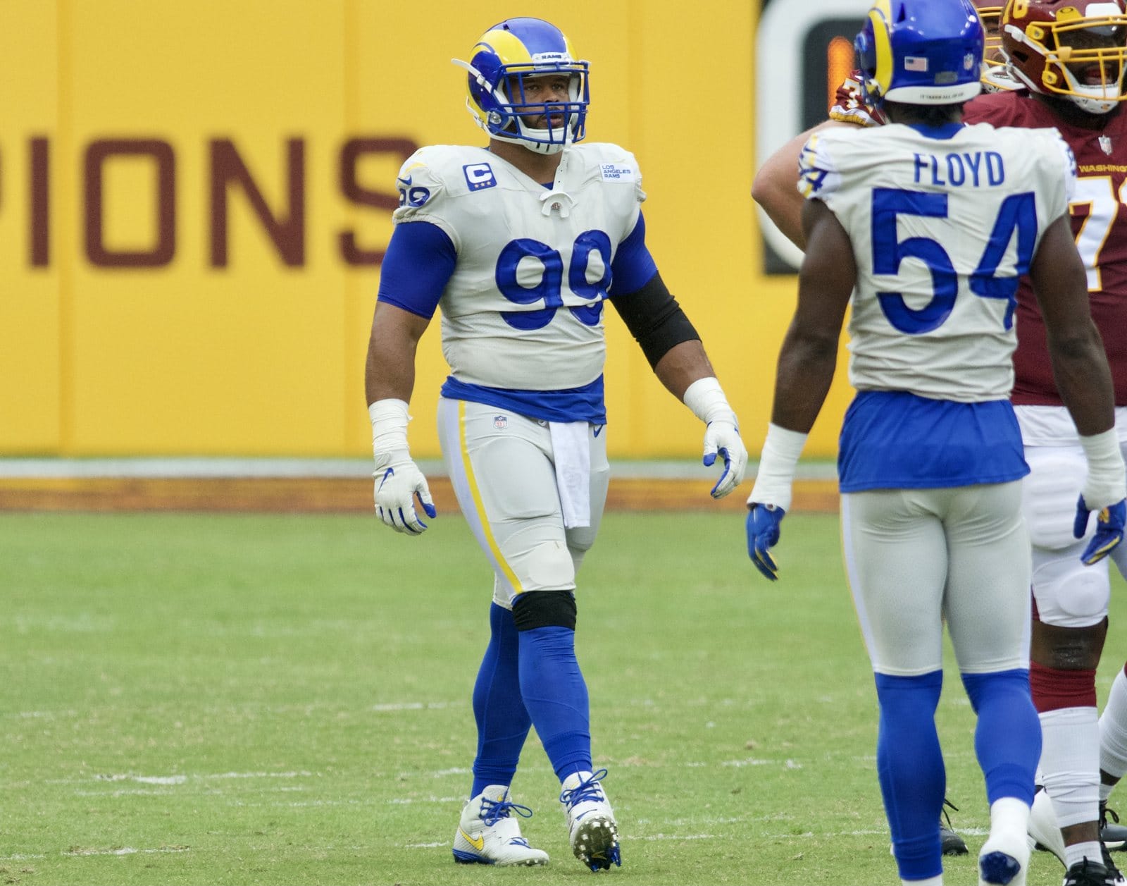 Rams defensive tackle Aaron Donald in the bone-white road jersey with Rams Royal numbers and sleeves, royal socks and the royal helmet with Sol yellow horns, against Washington at FedExField on Oct. 11, 2020