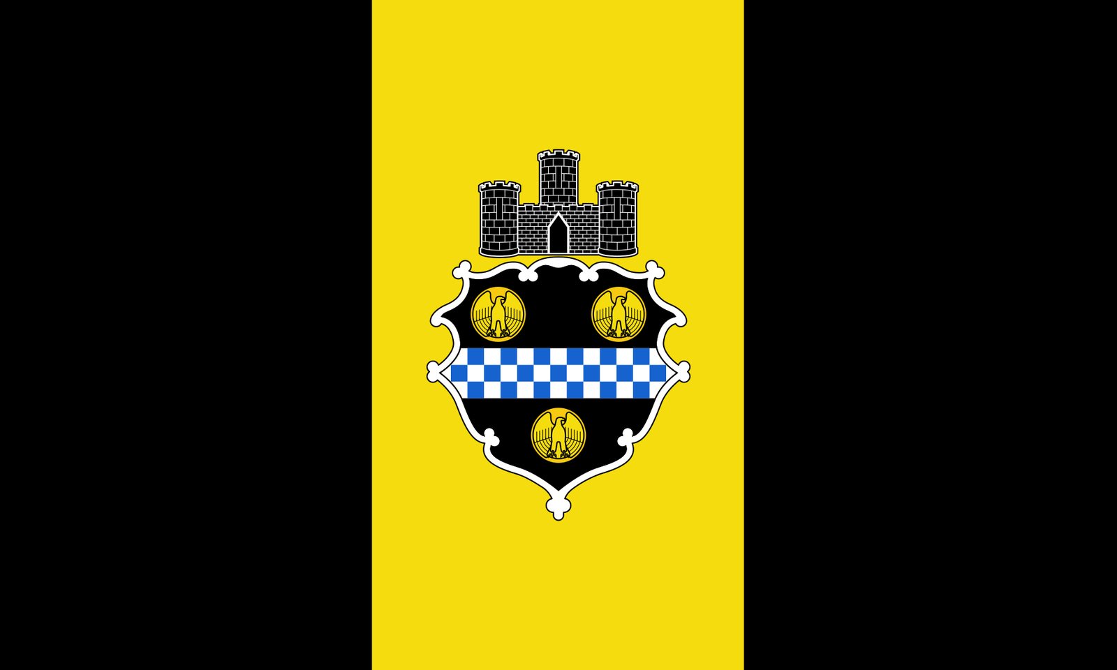 The flag of Pittsburgh: black side panels around a gold center stripe with the city arms, which come from William Pitt's black shield with gold coins and checkered band