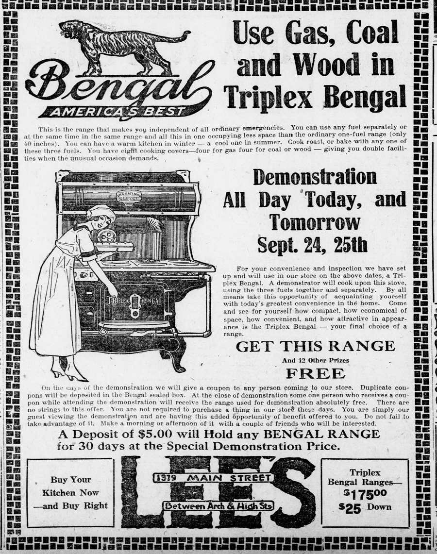 A 1920 newspaper ad for the Triplex Bengal kitchen range, with the Bengal tiger trademark and the slogan America's Best