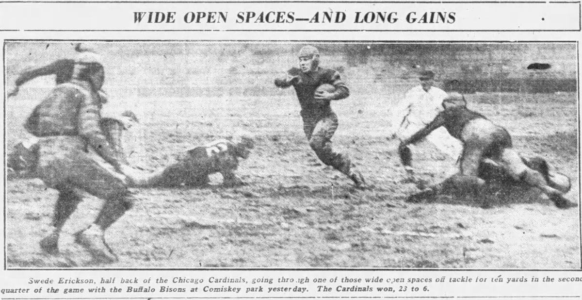 Chicago Cardinals game photo from the Chicago Tribune in 1925, a ball carrier breaking into open field