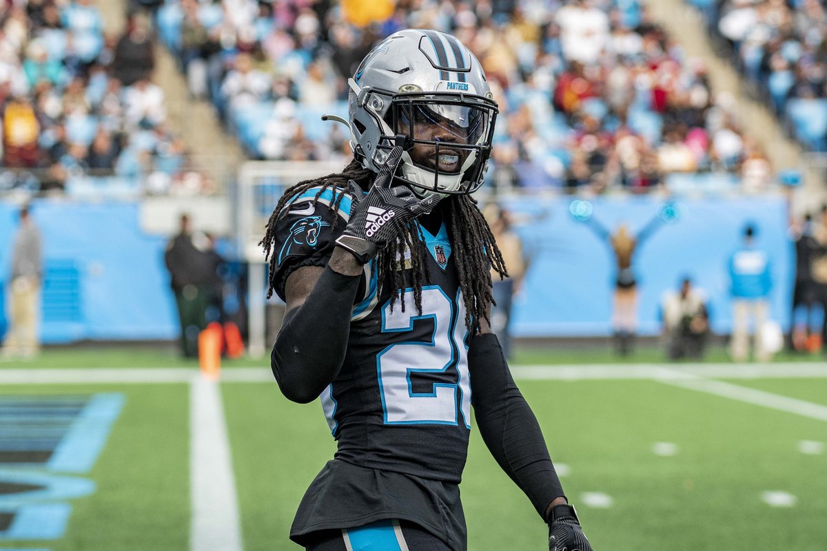Carolina Panthers cornerback Donte Jackson in the black jersey and silver helmet at Bank of America Stadium in 2021